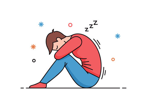 Extreme tiredness body language person sitting with head dropped forward and curved spine while subtle decorative marks indicate sleepiness and fatigue. The