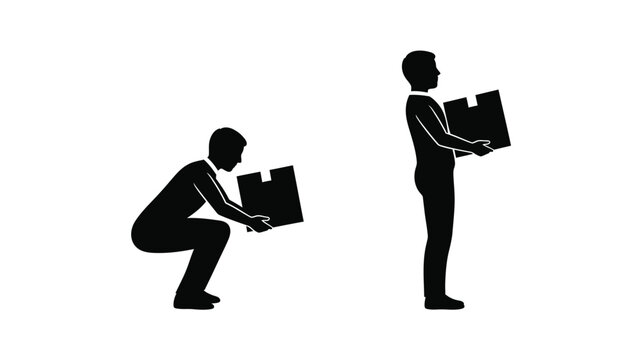 Two men lifting cardboard boxes demonstrating proper and improper technique silhouette