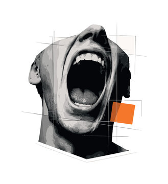 Close-up black and white anonymous face shouting, mouth dominating the composition, exaggerated scale for emotional impact, overlapped by thin geometric grid
