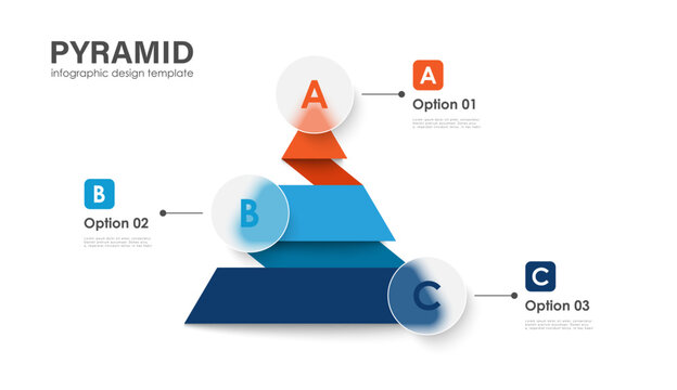 Infographic pyramid triangle diagram business timeline template 3 steps to success. Frosted glass effect.