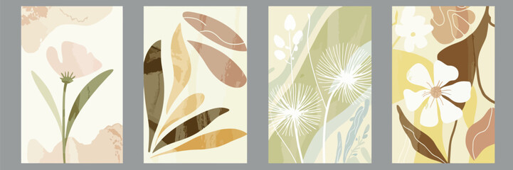 Obraz premium Abstract Botanical Poster Vector Set with Leaves and Flowers in Earth Tone Colors, Modern Organic Illustration for Eco Packaging, Interior Design, Covers, Wall Art and Seamless Wallpaper