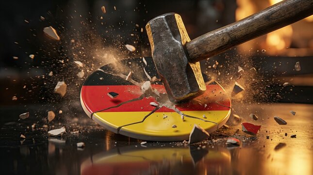 Sledgehammer Crushes German Flag Emblem: A symbolic representation of destruction, a heavy sledgehammer strikes and shatters a circular emblem bearing the German flag, creating debris and dust.