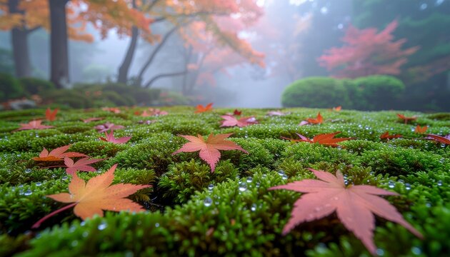 朝霧の中でしっとりと濡れた苔の絨毯と、その上に静かに横たわる紅葉の落葉が織りなす秋の質感