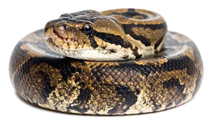 Fototapeta premium Close-up of a coiled python snake head with intricate scale patterns.
