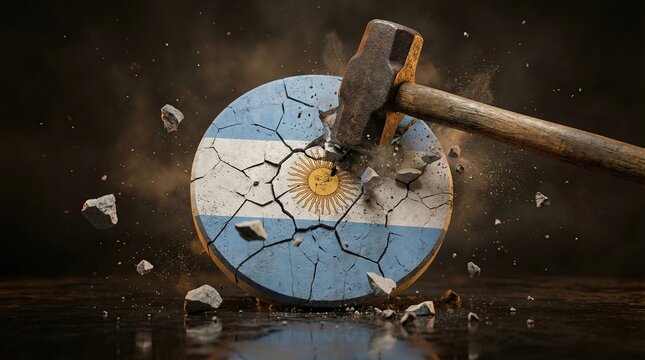Shattered National Pride: A hammer strikes the flag of Argentina, shattering the emblem and symbolizing national crisis and despair.