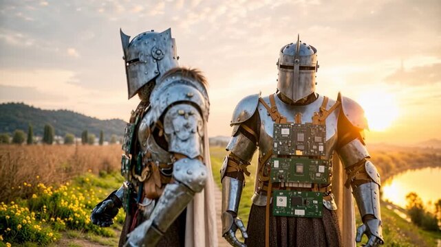 Medieval armored knight standing in golden countryside at sunrise with reflective visor and detailed steel plates creating powerful fantasy atmosphere in serene rural landscape