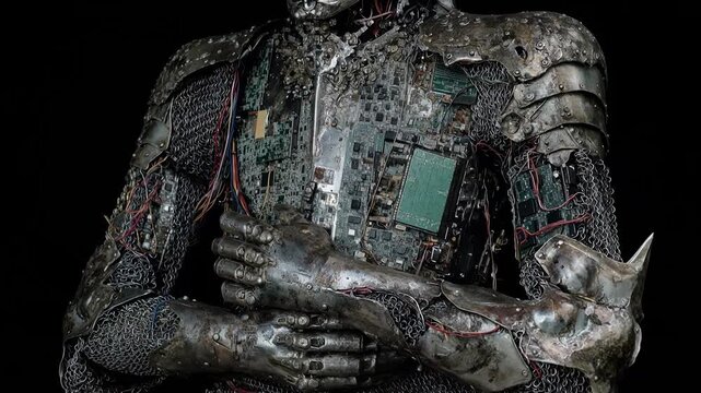 Damaged humanoid robot with exposed circuits and worn metallic torso symbolizing fragile technology and vulnerability blending machine and organic textures in dark studio light