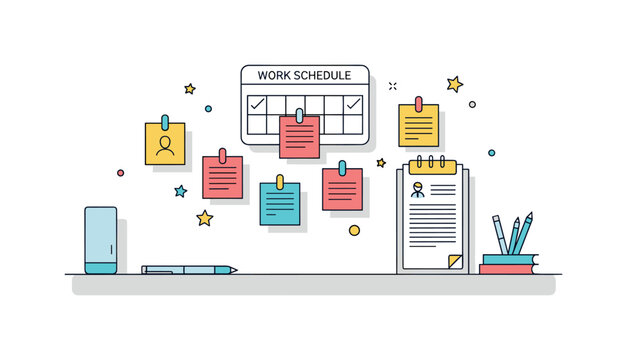 Work schedule with sticky notes and reminders arranged on a bright desk, showing productivity, time blocking, and visual task organization. Minimalist flat