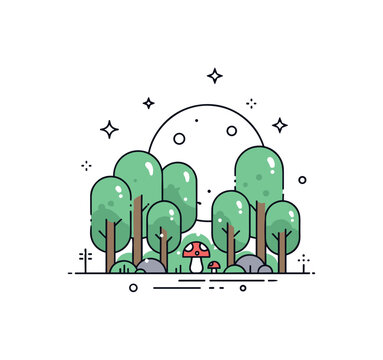 Moonlit forest clearing with a cluster of rounded trees surrounding a small glowing mushroom and subtle star accents above. Gentle magical atmosphere
