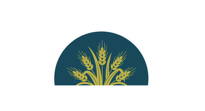 Stylized Wheat Stalks Growing from a Half-Circle with Dark Blue Background, Organic Agriculture Design, Isolated White Background