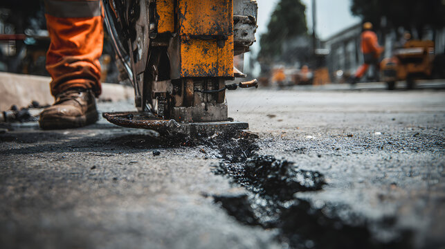 A construction worker using a machine to repair a pothole on a city street