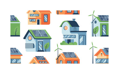 Obraz premium smart eco homes solar panels wind energy leaves and efficient lighting stylized as sustainable housing motifs, flat vector rounded forms, bright modern palette