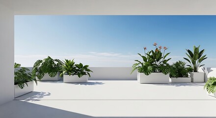 Fototapeta premium Modern rooftop terrace with lush green potted plants and clear blue sky, creating a serene urban oasis for relaxation and outdoor living.