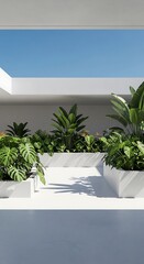 Fototapeta premium Modern minimalist terrace with lush green plants in white planters under a clear blue sky