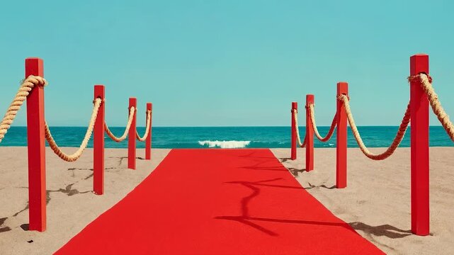Elegant red carpet stretching across sandy shore framed by golden stanchions inviting guests toward turquoise sea symbolizing prestige celebration and VIP lifestyle