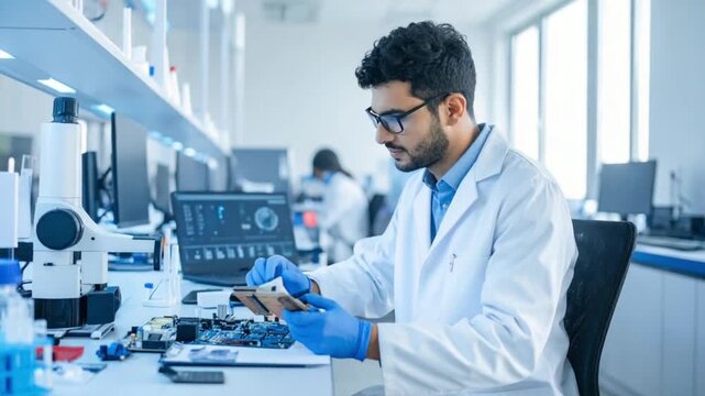 Scientist working on electronic circuit board in modern lab