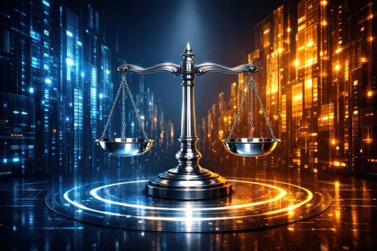 Justice in the Digital Age: A balanced scale sits in the heart of a vibrant cityscape. This image combines the timeless symbol of justice with the technological world.
