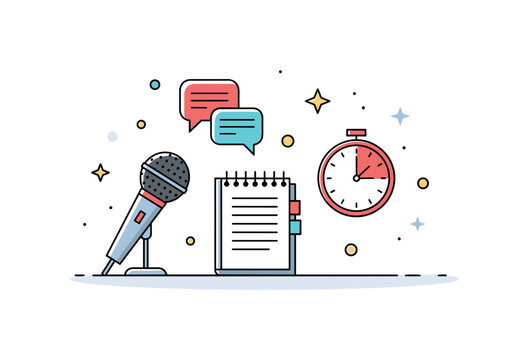 Public speaking preparation moment featuring a microphone, a small notebook of speech notes, and a timer icon symbolizing structured practice and rehearsal.