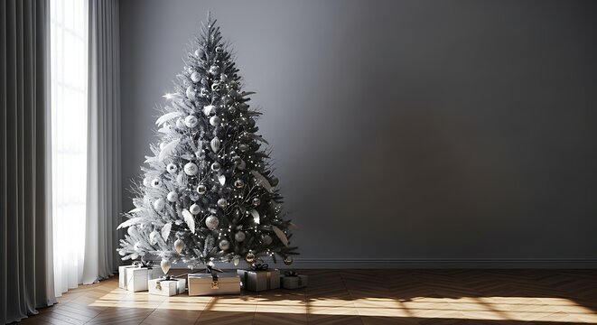 Silver christmas tree with gifts in a bright living room