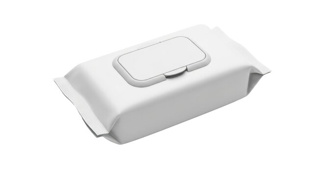 A pristine blank white rectangular flexible packaging pouch for wet wipes with a neutral flip-top lid, shot in a high-key studio with a transparent background and copy space, clean, professional