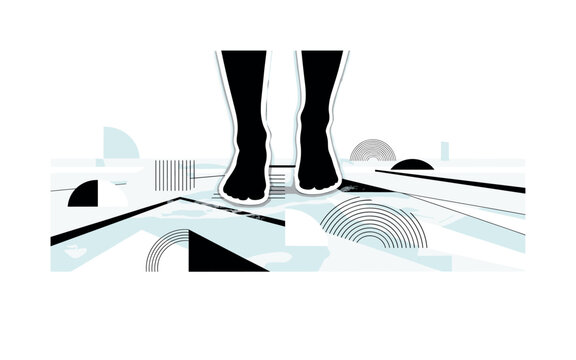 frozen feet stepping on geometric icy surface abstract semicircles lines and blocks symbolizing halted progression black and white retro feet objects with