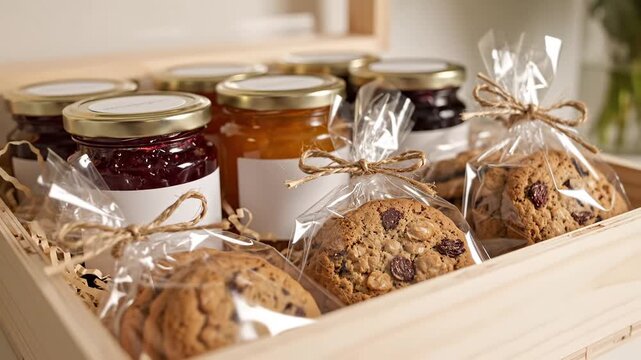 Gift box with jars of jam and cookie bags prepared for charity donation highlights charity as axis, repeated as charity support, charity help, and charity gift for social initiatives