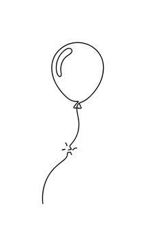 Lost Balloon. Minimalistic one-line drawing balloon escaping into sky with tears or broken string symbolizing lost dreams, continuous single black line on