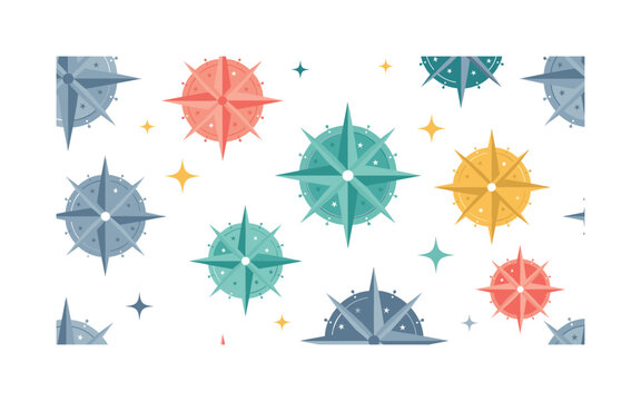 vintage compass roses seamless pattern, repeating pattern, surface design, textile print, soft color palette, modern illustration, flat vector decorative