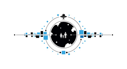 Obraz premium Centered silhouette-style planet with small orbiting spacecraft icon framed by a thin circular outline, surrounded by small blue dots and flat geometric blocks
