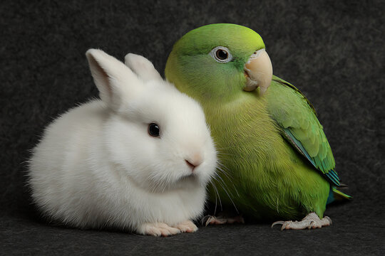Adorable white dwarf rabbit and a green parrotlet sitting together on a dark background.