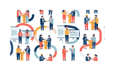 Fototapeta premium professional networking reception seamless pattern, groups of business people talking with drinks name badges and presentation banners arranged in a repeating