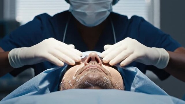 A medical professional in a blue surgical mask and gloves prepares a patient for surgery by placing a blue surgical drape over their face and body in a hospital setting with a window in the background