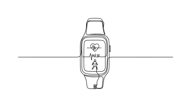 Health Monitoring Wearable. Minimalistic one-line drawing wristband wearable tracking health metrics such as pulse and activity, continuous single black line