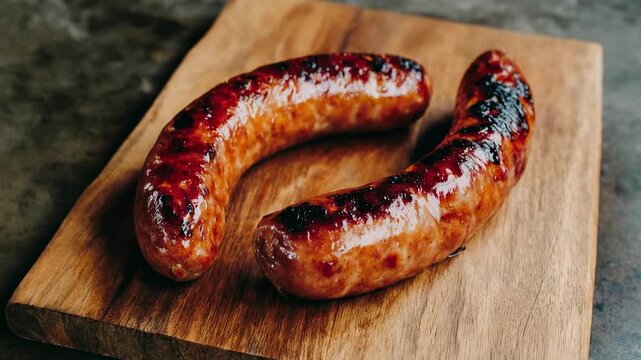 Grilled sausages resting on wooden board with herbs and spices emphasizing rich flavor culinary tradition and rustic kitchen presentation in warm light