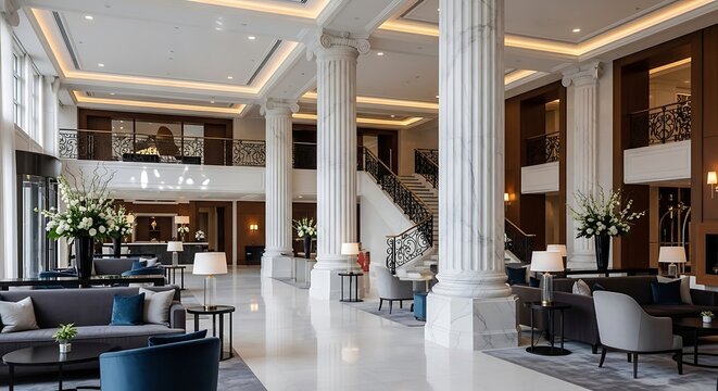 Elegant hotel lobby interior with grand columns comfortable seating and luxurious modern design creating a welcoming atmosphere for guests