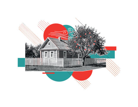 monochrome countryside dacha with wooden fence and apple tree, white cut-out outline, layered circular shapes and diagonal lines suggesting wind and rural