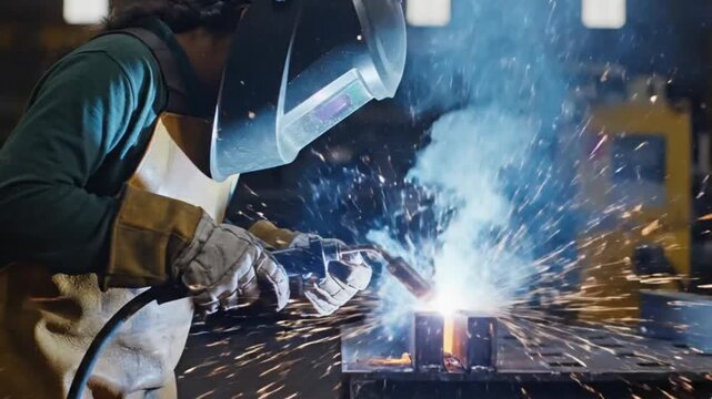 A welder wearing protective gear works on a piece of metal with sparks flying everywhere in a workshop setting with safety precautions