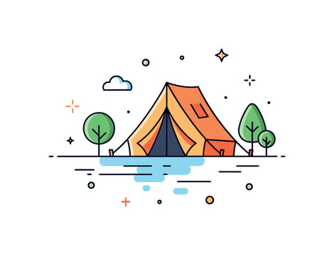 Lakeside glamping retreat illustrated by a tent placed beside a simple waterline with subtle reflection detail and small tree accents, conveying tranquility