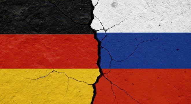 Divided Nations: A stark visual representation of the fractured relationship between two nations, depicted by cracked concrete displaying the flags of Germany and Russia.