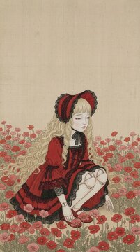 Bjd doll in red lolita dress sitting in poppy flower field, vintage Nihonga aesthetic.