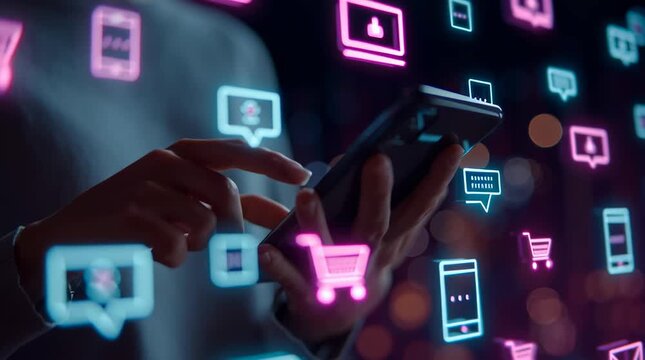 Person holding smartphone floating glowing icons shopping carts, messages, likes financial transactions, connected by neon trails, immersive digital environment, augmented reality effects, futuristic