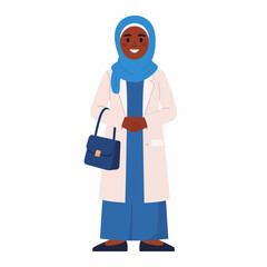Fototapeta premium Smiling woman in blue hijab and white lab coat holding a blue purse, centered illustration view, depicting a professional scientific setting in a clean white studio environment