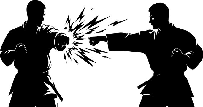 Vector martial arts silhouettes, karate fighters in action