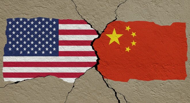 Rift between Nations: A visual metaphor depicting a cracked wall separating the flags of the United States and China, symbolizing geopolitical tension and strained relations.