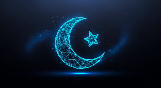 A futuristic crescent moon and star symbol with glowing blue network lines, representing technology and Islamic culture in a cosmic theme.