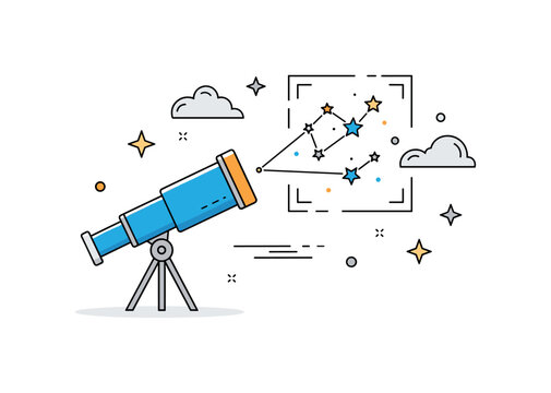 Sky mapping education scene illustrated by a simplified telescope pointed toward a star cluster framed by subtle border lines in the sky. The visual expresses