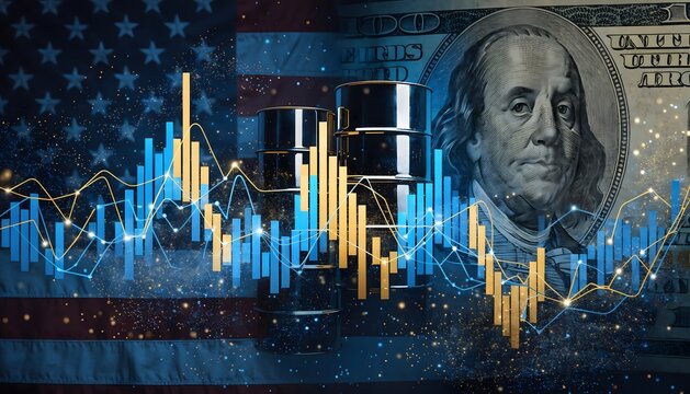 Abstract digital collage of a financial stock market graph overlaying an American flag, metallic oil barrels, and a US dollar bill. Concept of US economy, oil prices, and financial volatility.