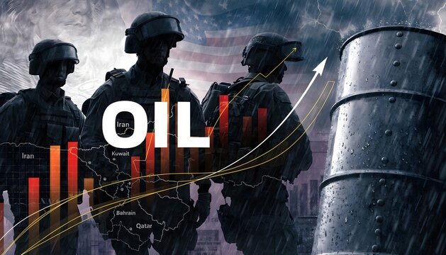 Digital collage featuring silhouetted soldiers, a Middle East map, an oil barrel, and US currency overlaid with financial stock charts and the word OIL. Geopolitical economic concept.