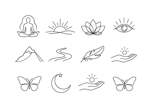 Spiritual Awakening and Inner Light. Minimalistic set one-line drawing [meditating person, rising sun, lotus flower, glowing aura outline, open third eye