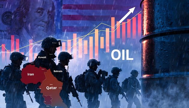 Digital collage featuring silhouetted soldiers, a Middle East map, an oil barrel, and US currency overlaid with financial stock charts and the word OIL. Geopolitical economic concept.